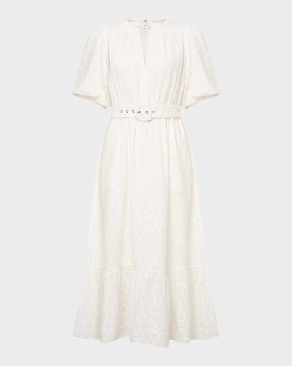 Polina Puff-Sleeve Flounce Eyelet Midi Dress